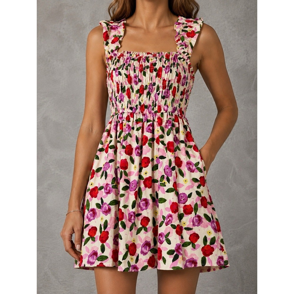 English Factory Floral Ruffle Mini Dress Womens XS Multicolor Smocked Fit Flare